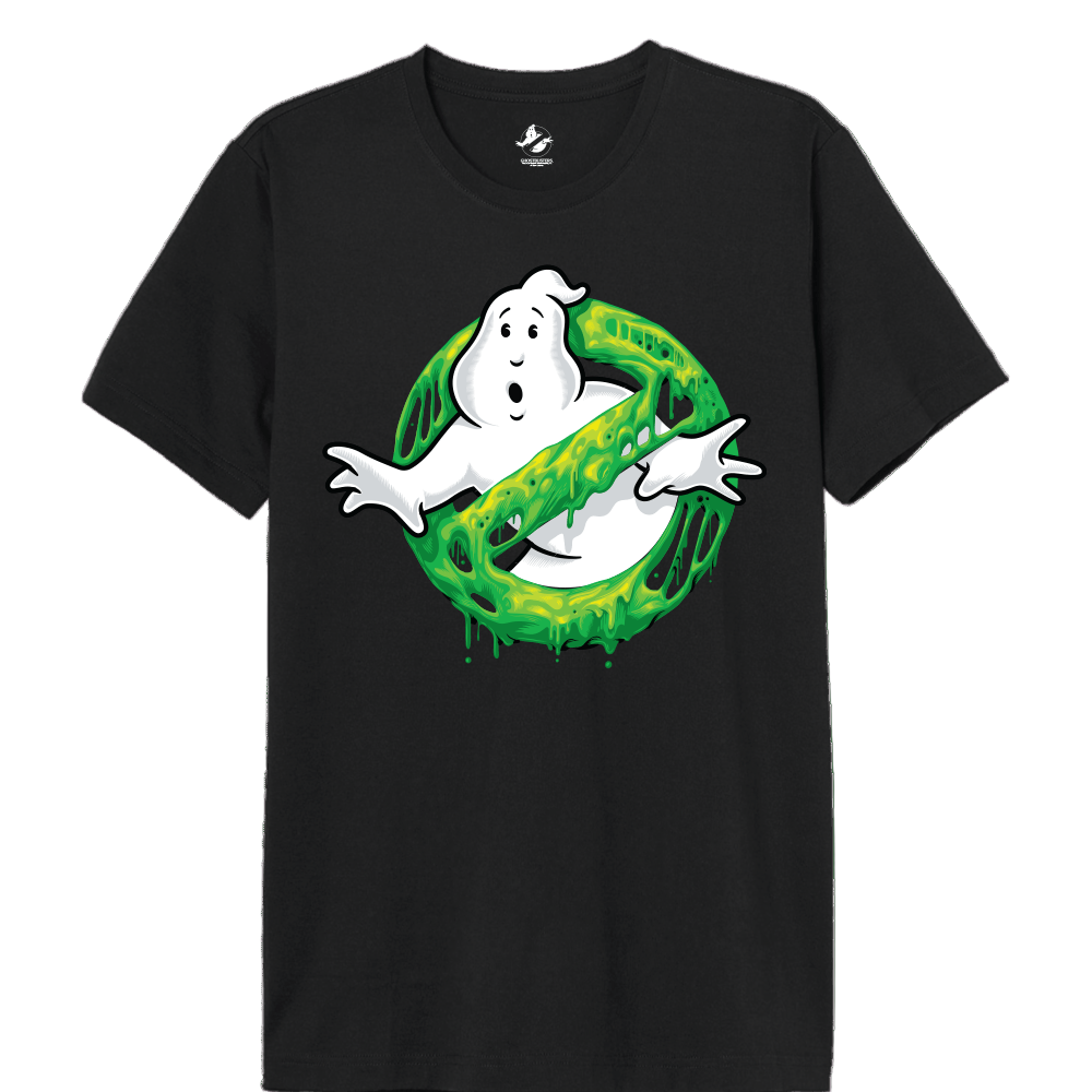 T-shirt Ghostbusters Logo Slime Officiel en coton noir avec impression phosphorescente Glow in the Dark du logo SOS Fantômes recouvert de slime vert.