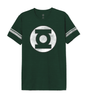 T-shirt Green Lantern vert avec logo blanc vintage DC Comics sur le devant, manches à bandes grises, style geek streetwear officiel.