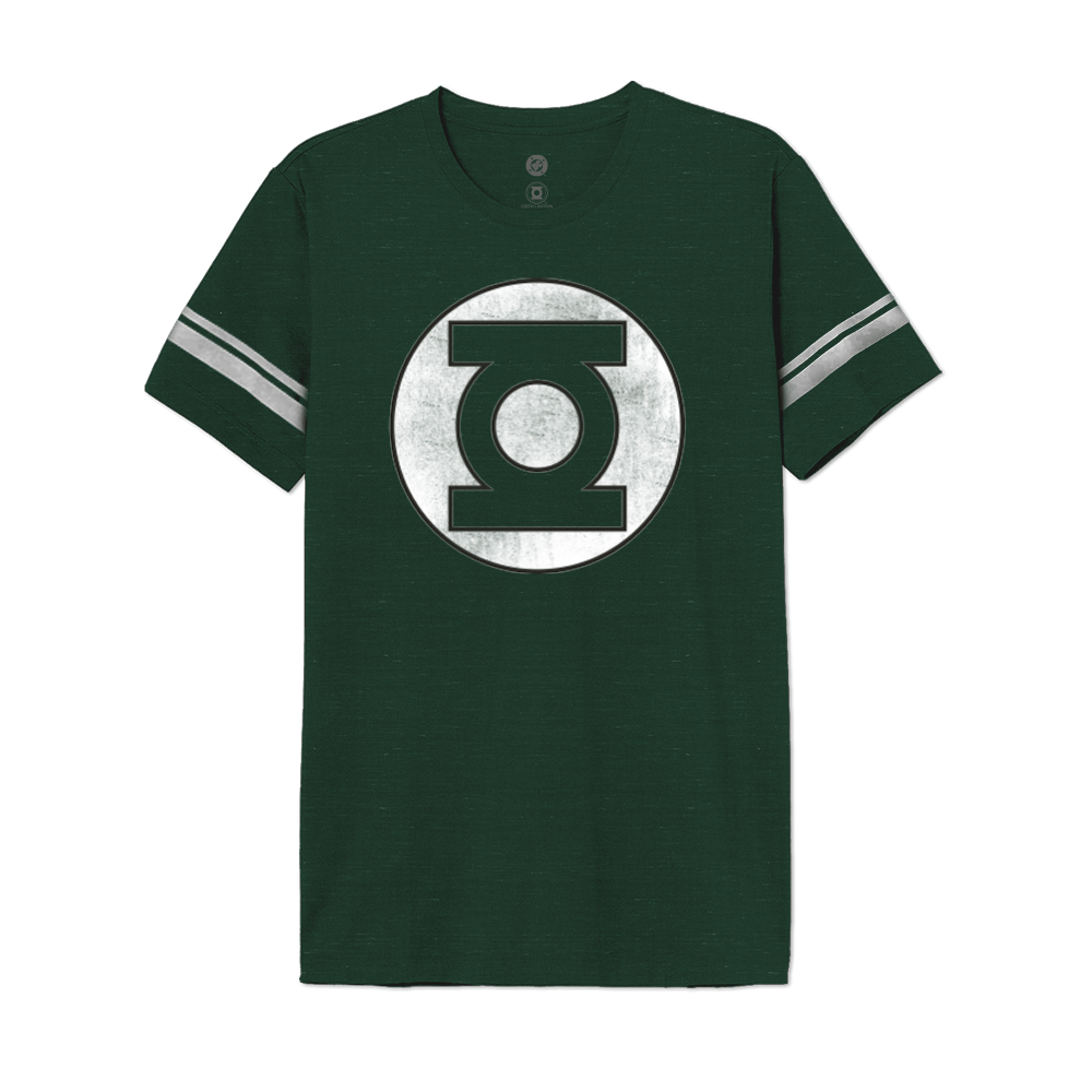 T-shirt Green Lantern vert avec logo blanc vintage DC Comics sur le devant, manches à bandes grises, style geek streetwear officiel.