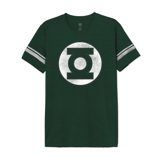 T-shirt Green Lantern vert avec logo blanc vintage DC Comics sur le devant, manches à bandes grises, style geek streetwear officiel.