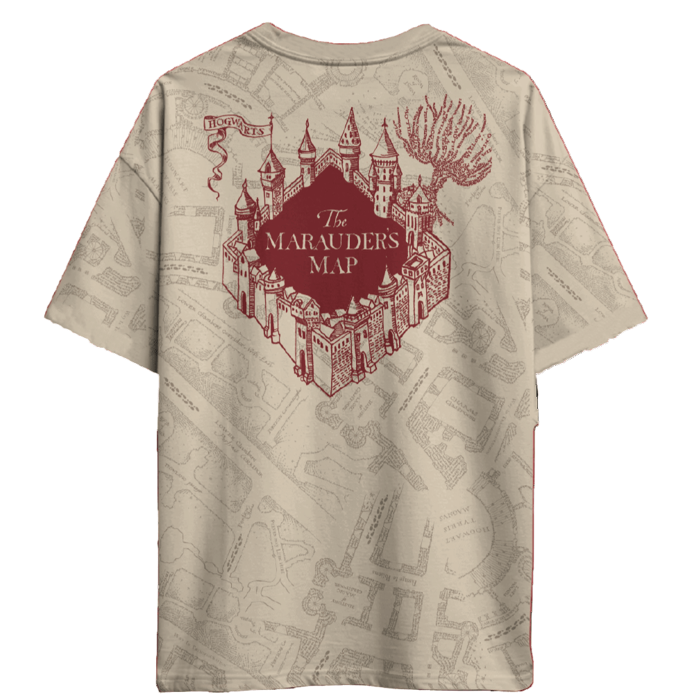 Dos du t-shirt Harry Potter Carte du Maraudeur Officiel avec illustration rouge du château de Poudlard et texte 'The Marauder's Map'.