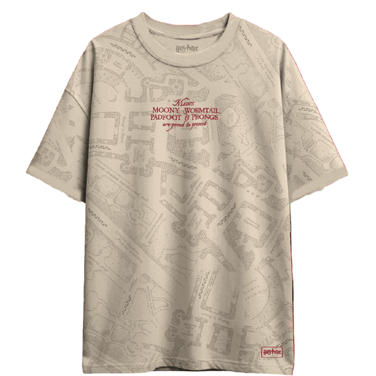 T-shirt Harry Potter Carte du Maraudeur Officiel avec imprimé all over en coton beige, texte rouge sur le devant, col rond. Idéal pour fans de Poudlard.