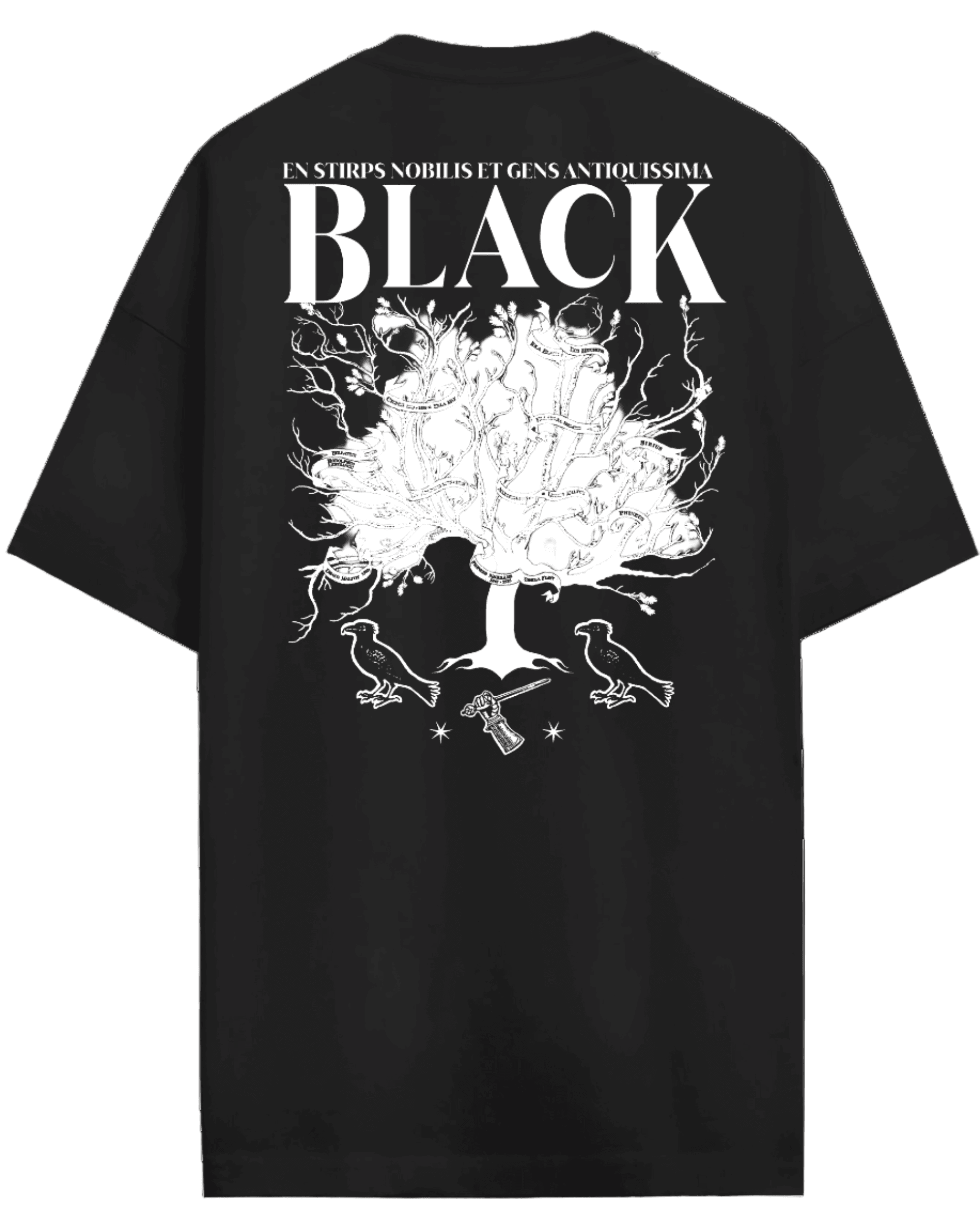 Dos du T-shirt Harry Potter Officiel – House of Black avec arbre généalogique de la famille Black en impression blanche, style unique pour fans de Poudlard.