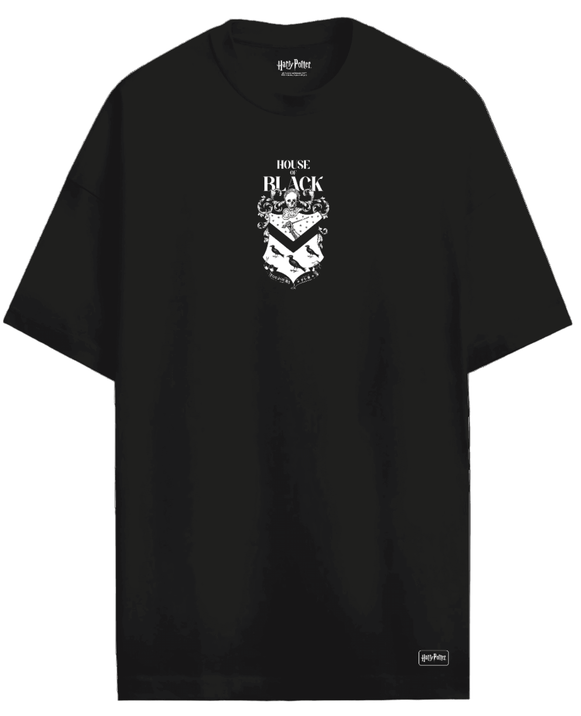 T-shirt Harry Potter Officiel – House of Black noir avec blason de la famille Black imprimé en blanc sur le devant, col rond en coton 100%.