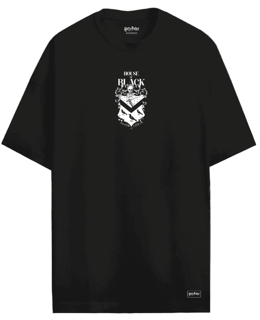 T-shirt Harry Potter Officiel – House of Black noir avec blason de la famille Black imprimé en blanc sur le devant, col rond en coton 100%.
