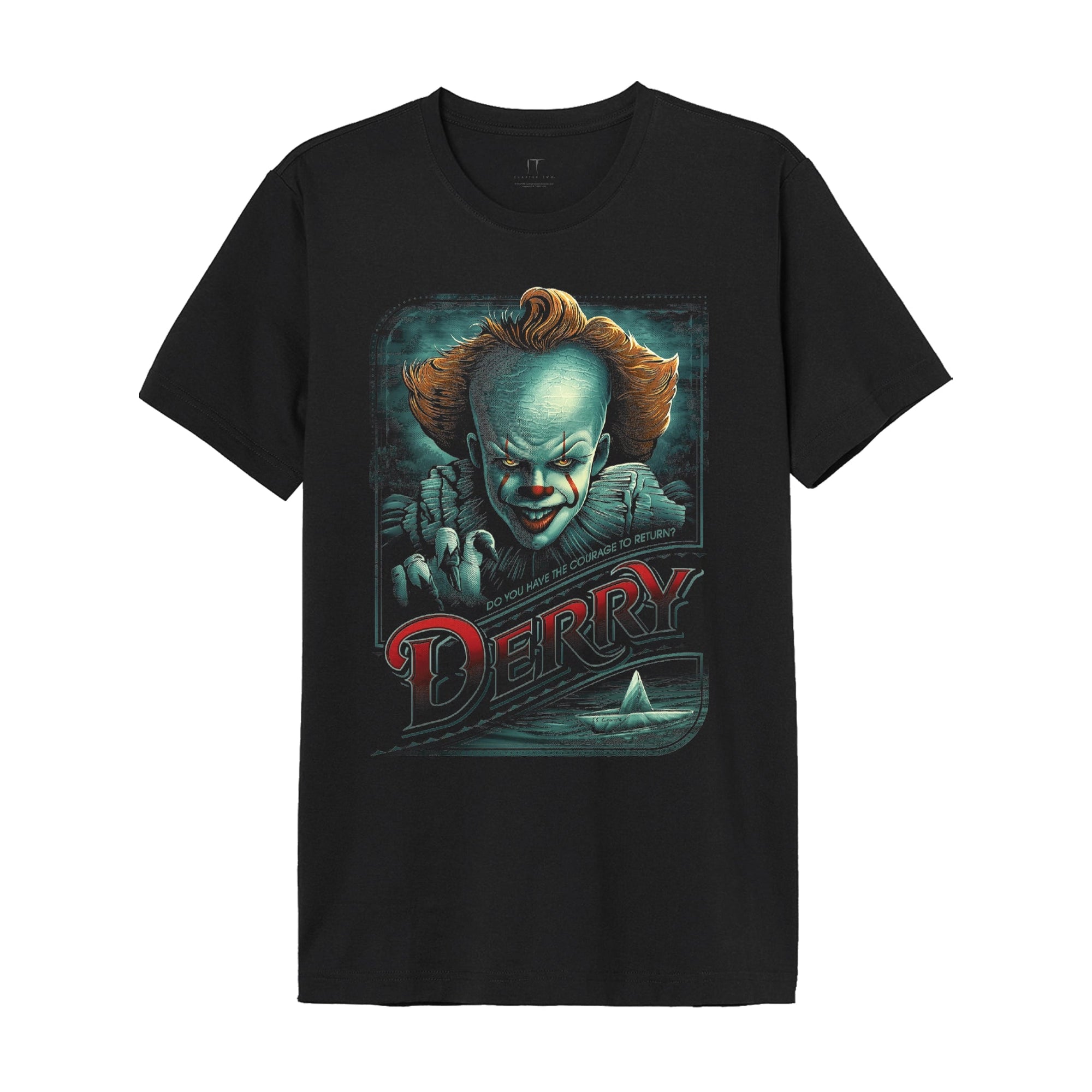 T-shirt noir IT - DO YOU HAVE COURAGE TO RETURN? avec illustration de Pennywise, texte 'Derry' et ambiance inspirée du film d’horreur Ça.
