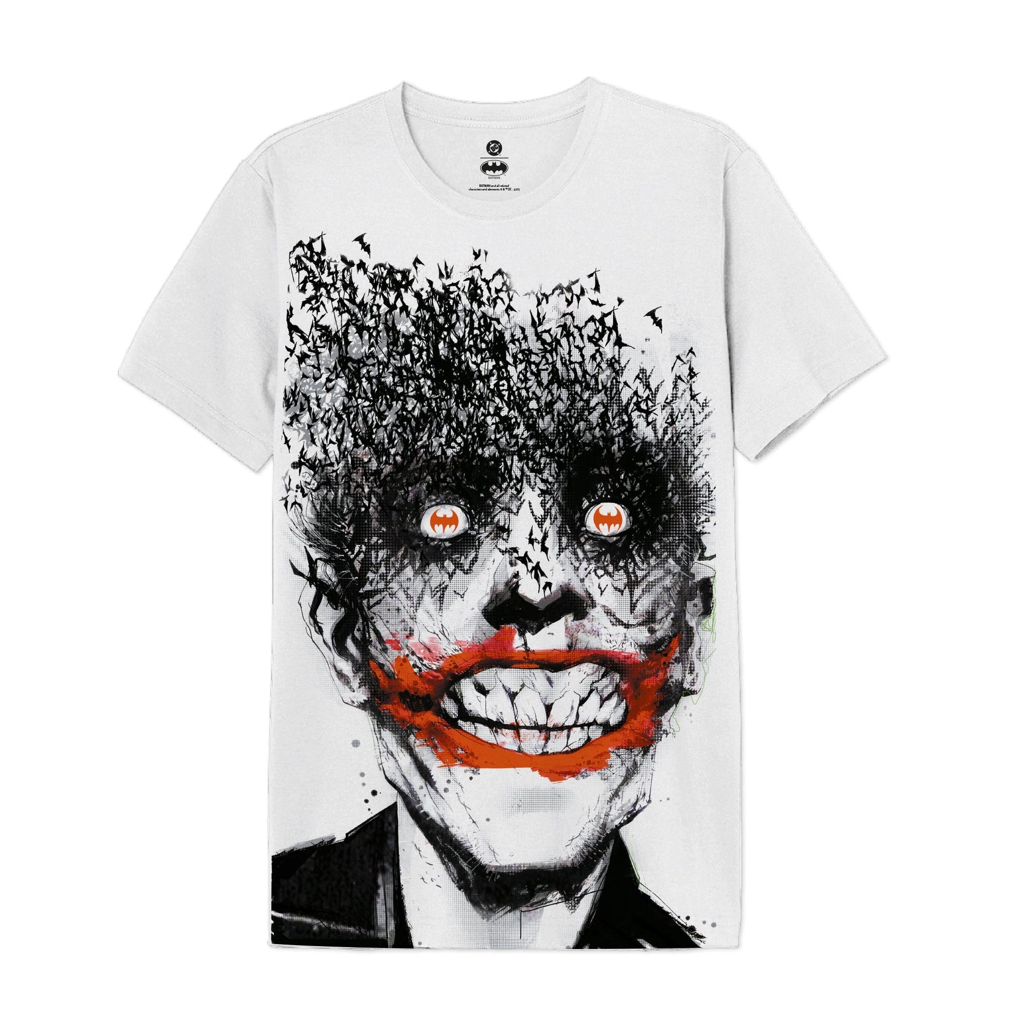 T-shirt JOKER JOKE - DC Comics Batman avec grand motif effrayant du Joker en noir et rouge, style graphique percutant sur fond blanc.