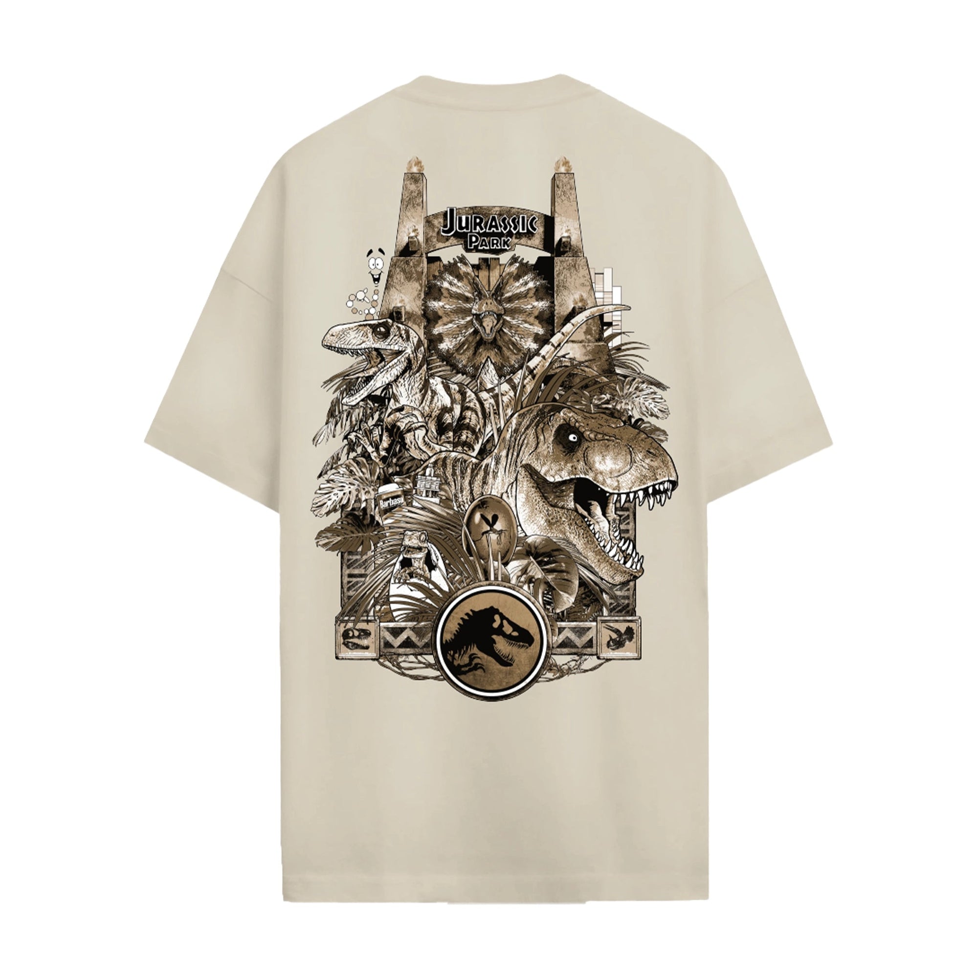 Vue arrière du T-shirt Jurassic Park avec illustration complexe des portes du parc et dinosaures, style graphique cinématographique.
