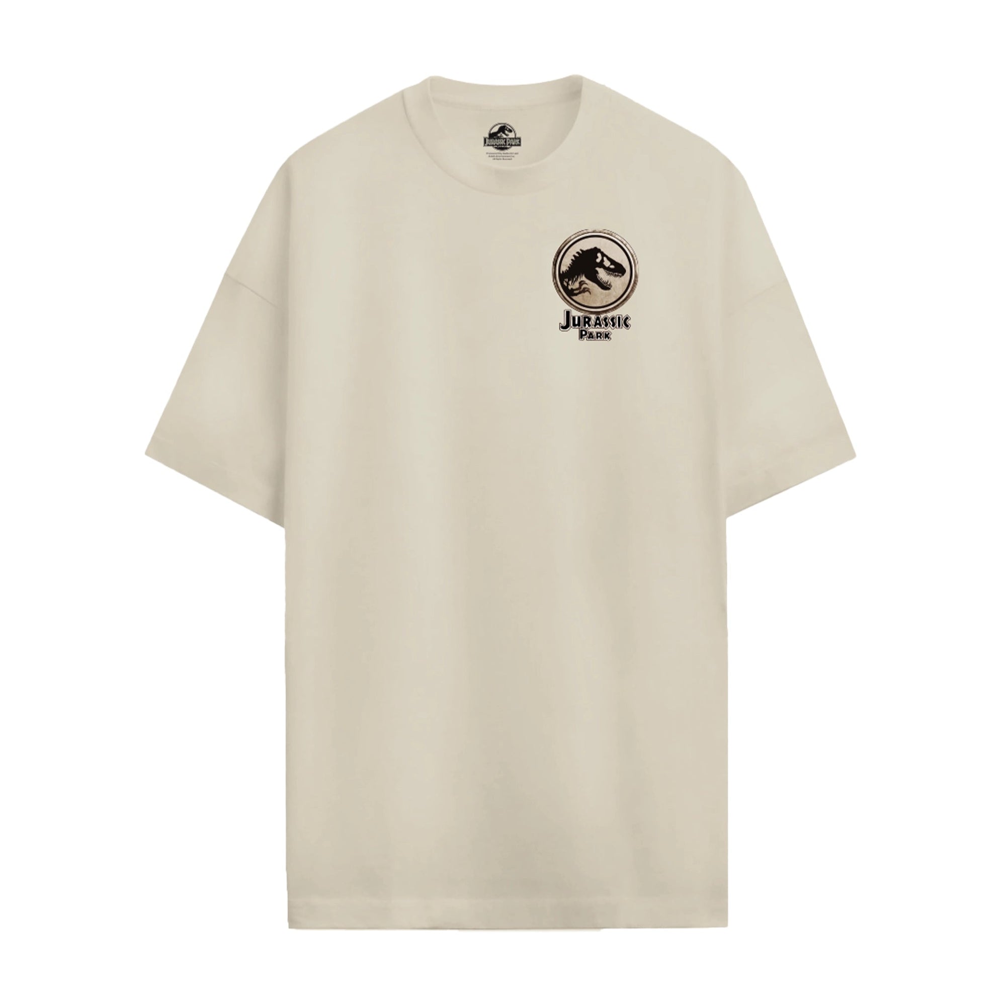T-shirt classique beige Jurassic Park avec petit logo noir sur le devant, parfait pour les fans de la licence culte.