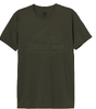 T-shirt Jurassic Park officiel vert kaki avec logo T-Rex en relief rubber print. Modèle homme en coton confortable, style stonewash tendance.