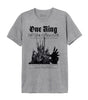 T-shirt Le Seigneur des Anneaux - black Sauron à plat, avec illustration noire de Sauron et citation emblématique sur fond gris chiné.