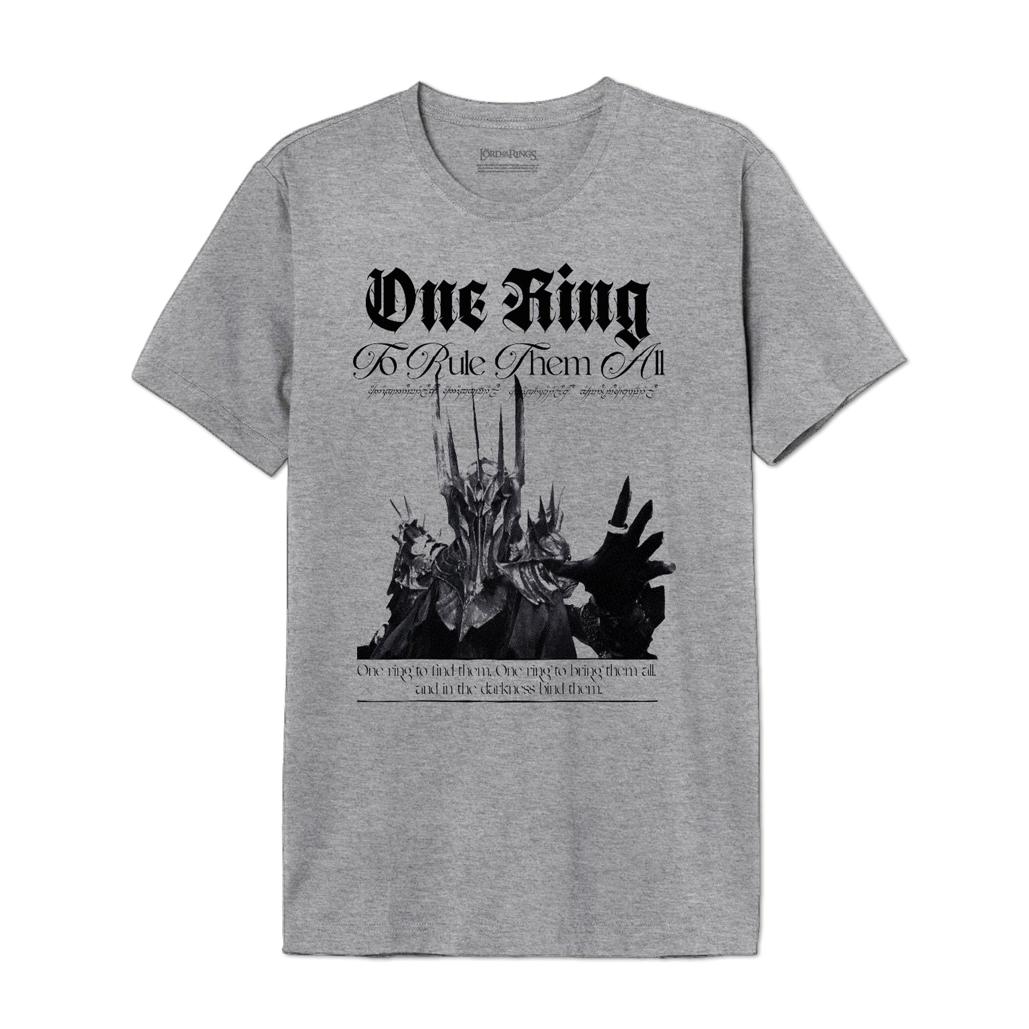T-shirt Le Seigneur des Anneaux - black Sauron à plat, avec illustration noire de Sauron et citation emblématique sur fond gris chiné.