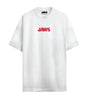 T-shirt blanc Les Dents de la Mer avec logo JAWS rouge centré sur la poitrine. Modèle classique sous licence officielle du film culte.