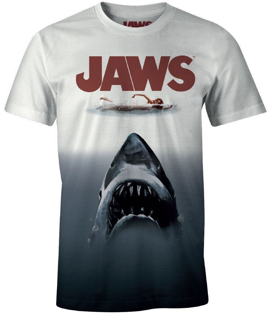 T-shirt Les Dents de la Mer - Poster Jaws Tye and Dye pour homme avec imprimé requin emblématique et nageuse, style dégradé noir et blanc.