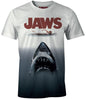 T-shirt Les Dents de la Mer - Poster Jaws Tye and Dye pour homme avec imprimé requin emblématique et nageuse, style dégradé noir et blanc.