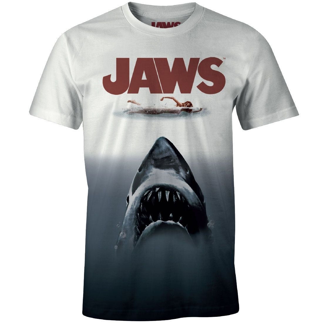 T-shirt Jaws tye and dye pour fans de films cultes, motif poster original avec requin menaçant et logo rouge sur fond blanc dégradé.