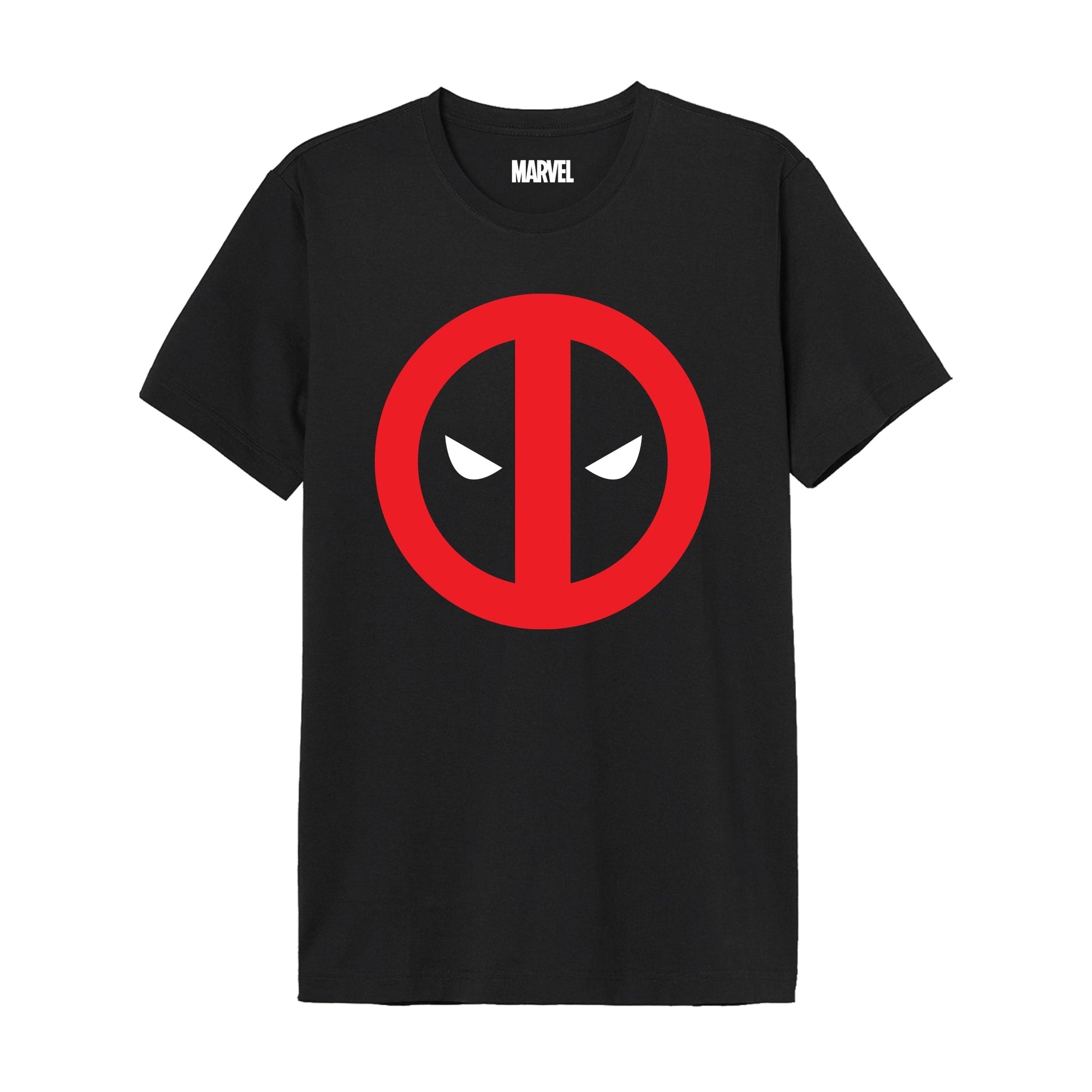 T-shirt Marvel Deadpool LOGO PUFF noir avec grand logo rouge et blanc en relief au centre, design officiel Marvel, style tendance pour homme.