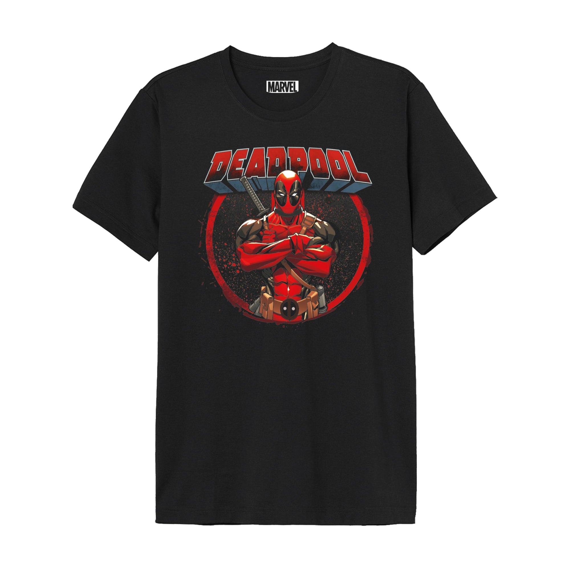 T-shirt Marvel I'AM DEADPOOL noir avec imprimé central de Deadpool et logo rouge, parfait pour les amateurs de licences officielles Marvel.