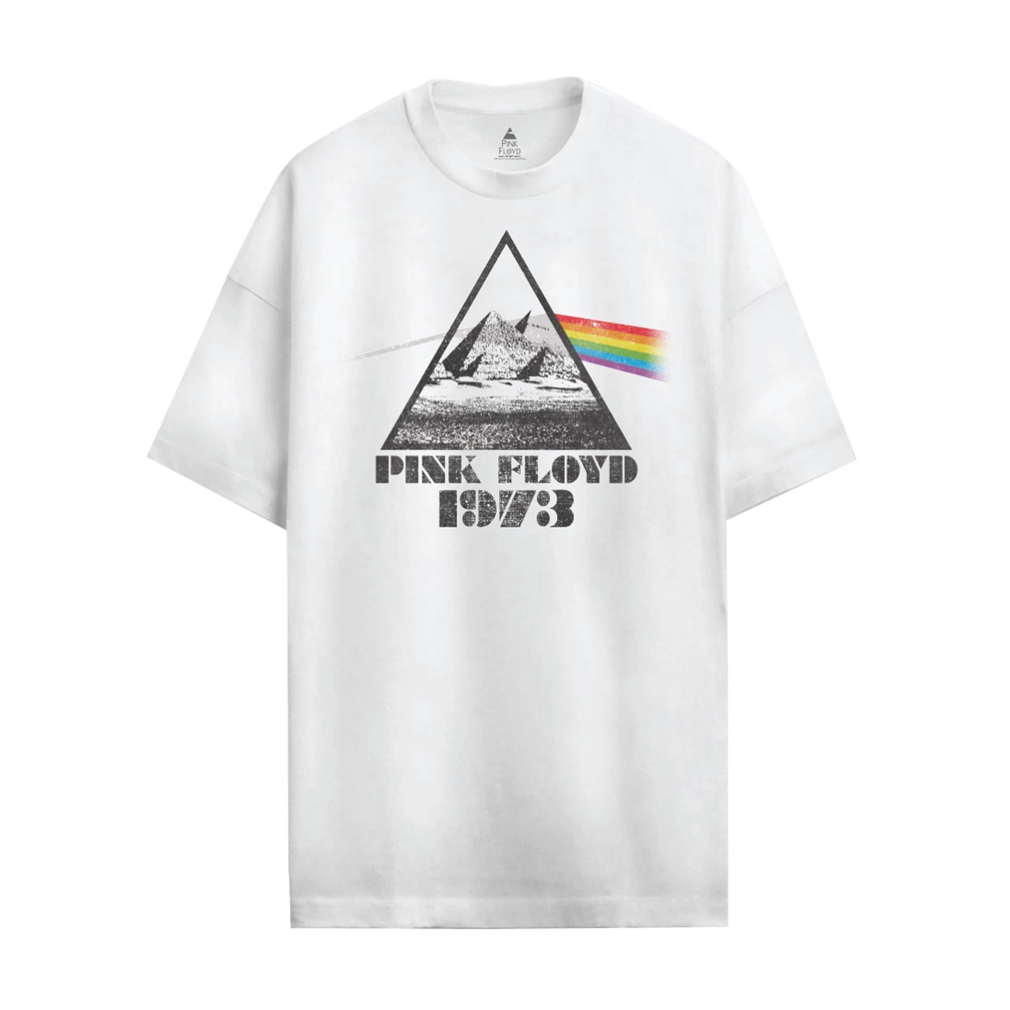 T-shirt classique Pink Floyd 1973 blanc avec imprimé pyramide et arc-en-ciel, inspiré de l'album Dark Side of the Moon. Vêtement rock pour homme.
