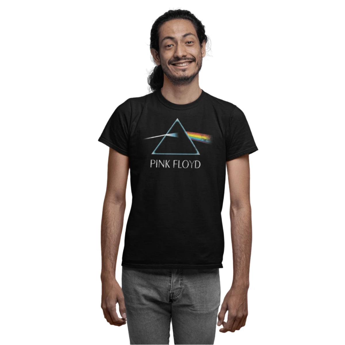 T-shirt Pink Floyd - Prism porté par un homme, avec logo emblématique du prisme et spectre arc-en-ciel. T-shirt rock sous licence officielle.