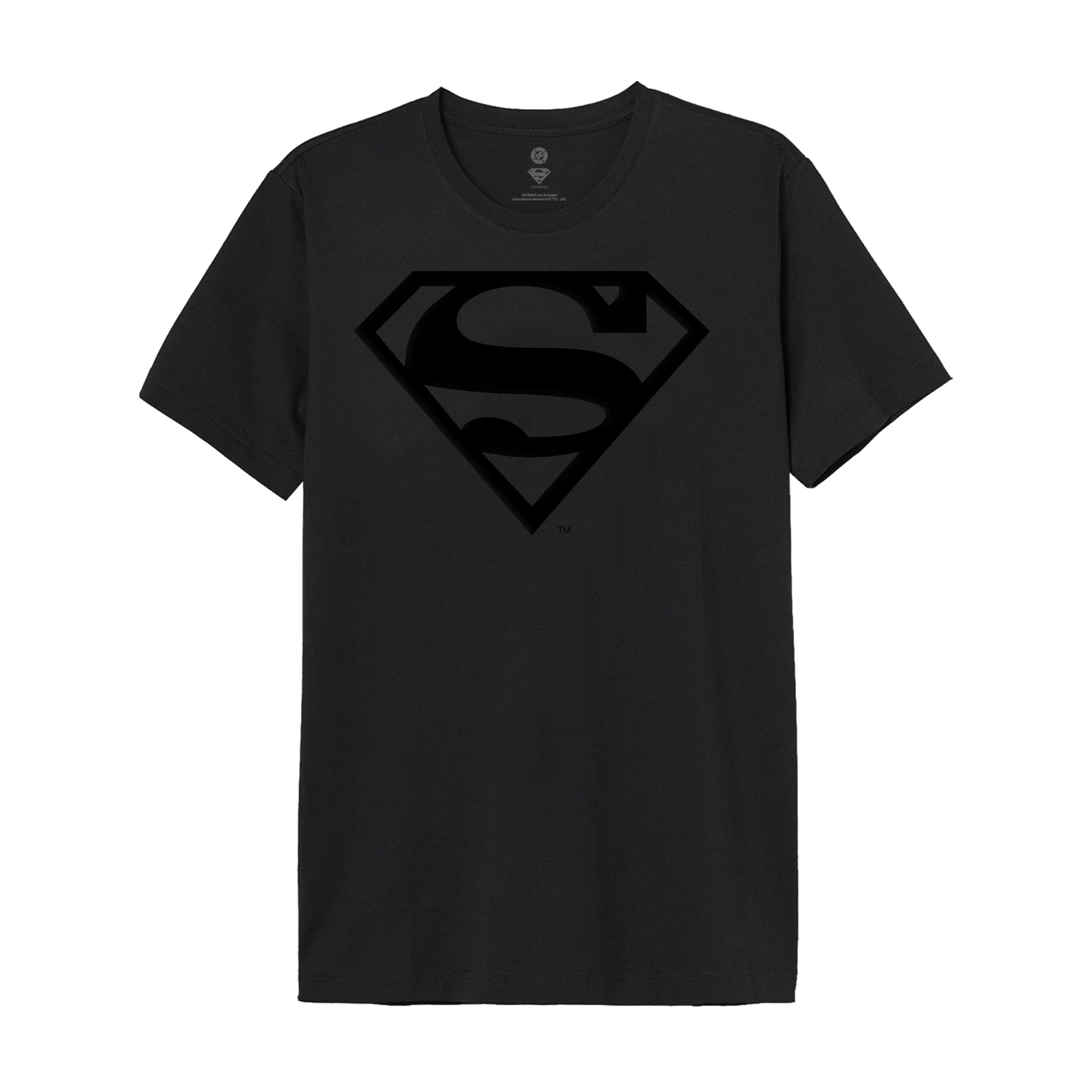 T-shirt noir Superman avec logo en relief ton sur ton, modèle officiel DC Comics, idéal pour les fans de super-héros.