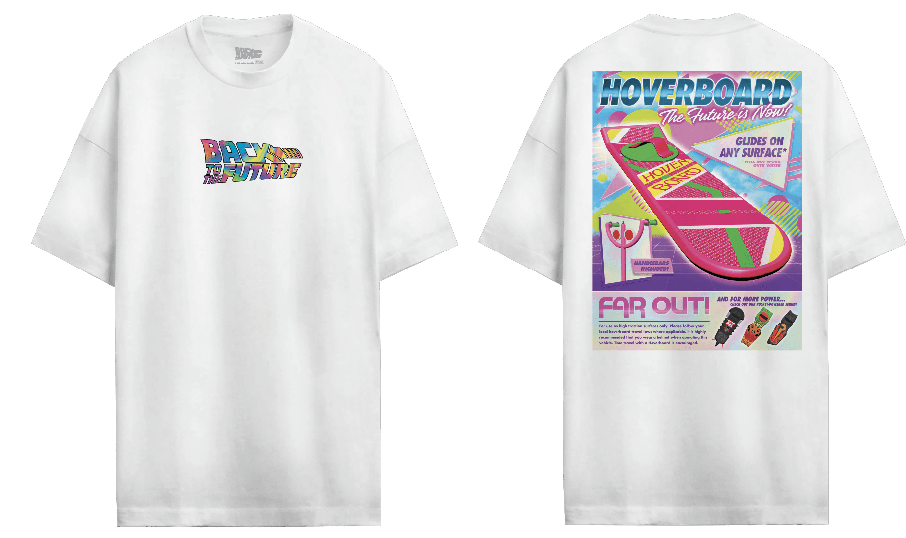T-shirt Retour vers le futur - HOVERBOARD FAR OUT! recto verso, logo 'Back to the Future' devant et affiche hoverboard colorée au dos. Mode pop culture.