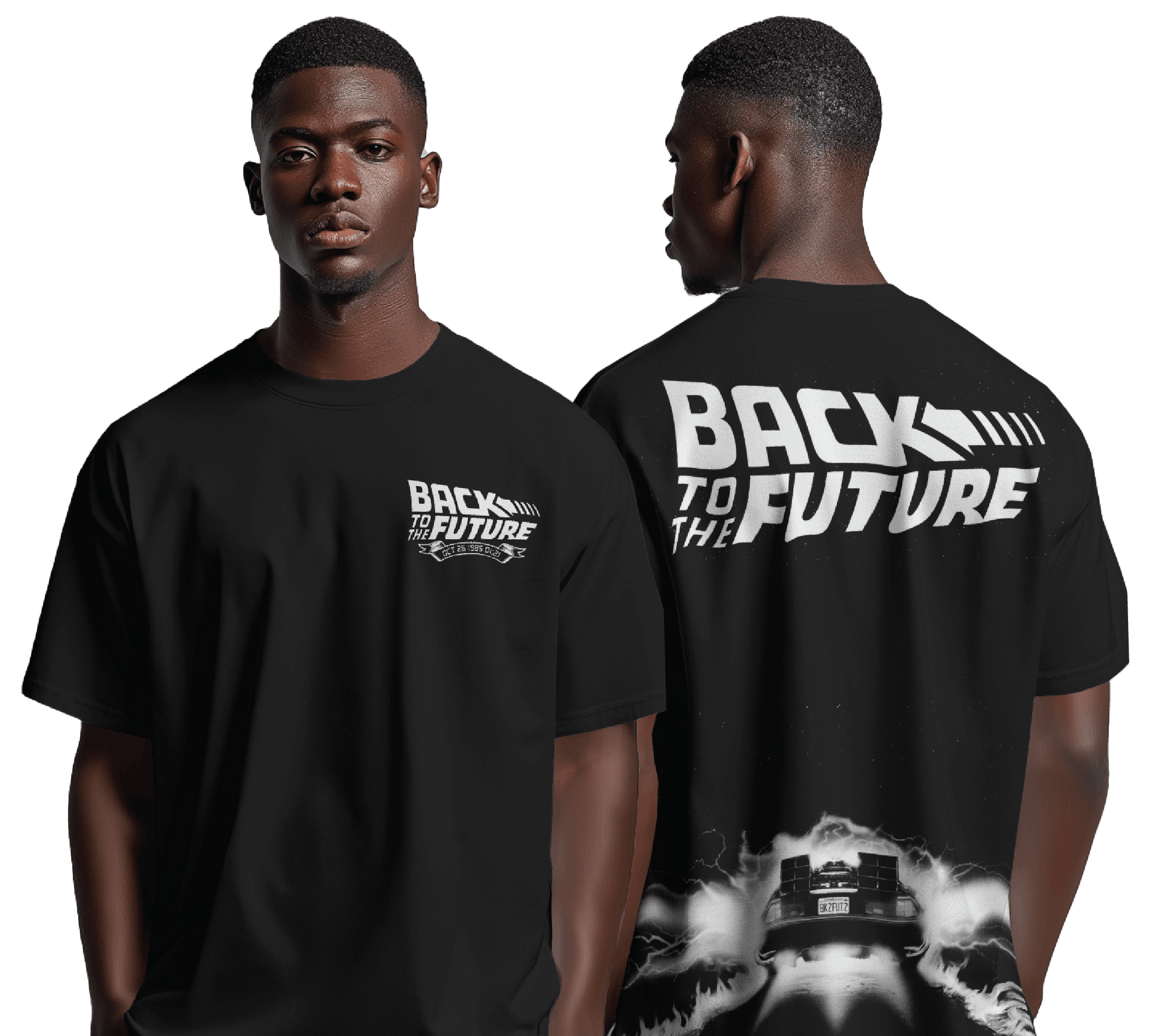 T-shirt Back to the Future Officiel noir avec logo sur la poitrine et DeLorean en flammes au dos, coupe oversize pour fans de la trilogie culte.