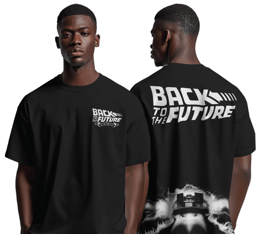 T-shirt Back to the Future Officiel noir avec logo sur la poitrine et DeLorean en flammes au dos, coupe oversize pour fans de la trilogie culte.