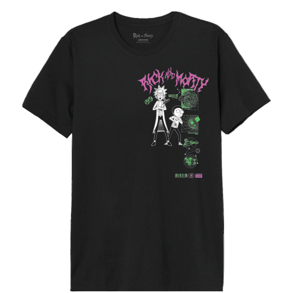 T-shirt Rick and Morty Multiverse Officiel en coton noir avec design recto néon vert et rose de Rick et Morty debout, style futuriste.