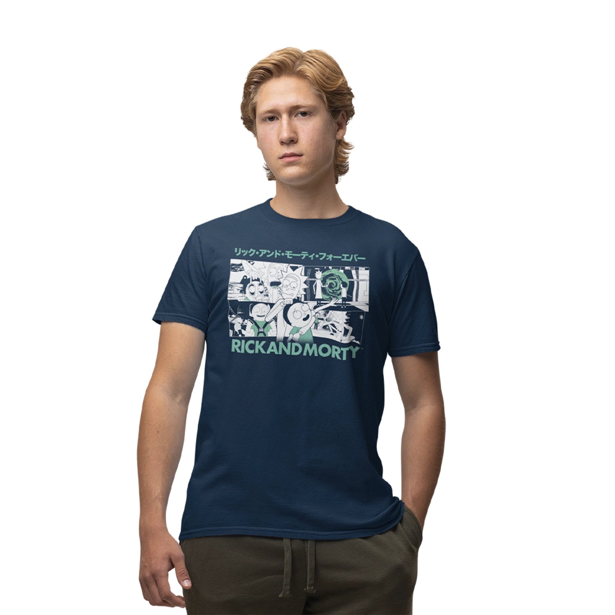 T-shirt Rick et Morty - Comics Party porté par un homme, avec imprimé coloré des personnages Rick et Morty en style bande dessinée. Idéal pour les fans de séries animées.