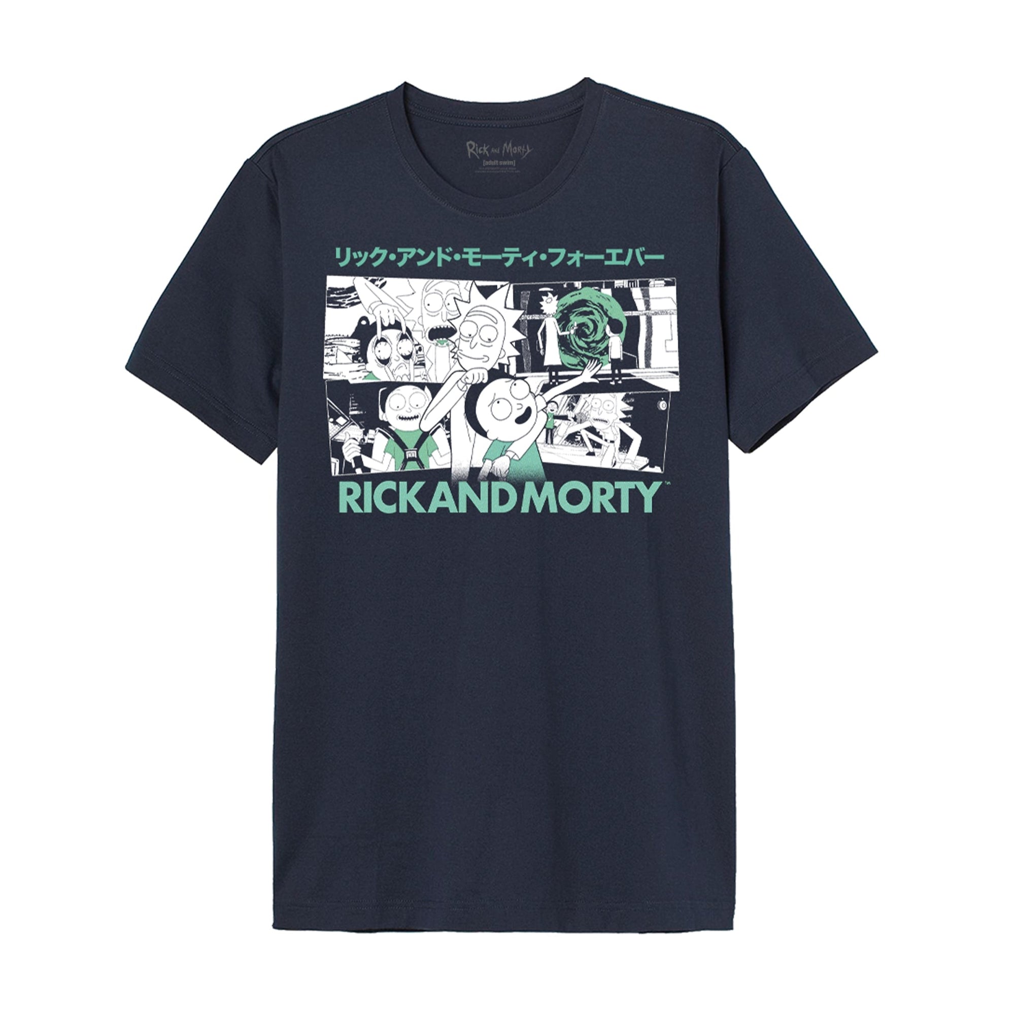 T-shirt Rick et Morty - Comics Party à plat, avec visuel de style comics en noir, blanc et vert, mettant en scène Rick, Morty et d'autres éléments de la série culte.