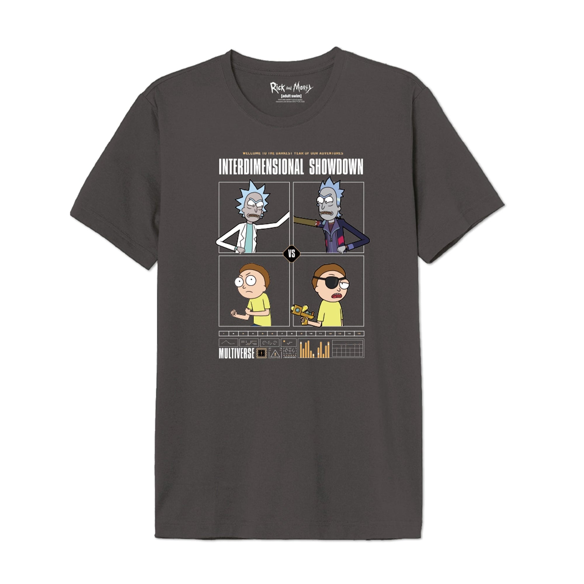 T-shirt Rick et Morty - RAM MULTIVERSE à plat, avec illustration colorée de Rick et Morty et texte Interdimensional Showdown sur fond gris foncé.