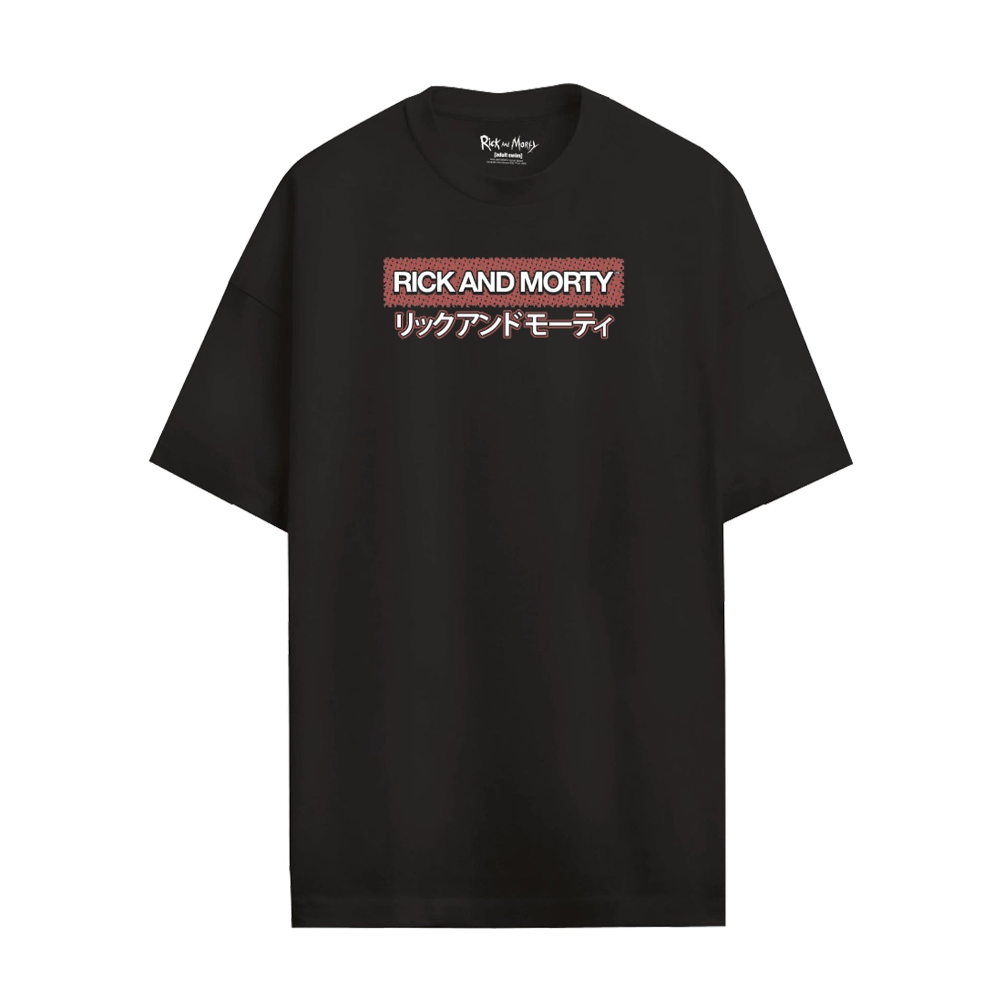 T-shirt noir Rick et Morty - RICK AND MORTY JAPAN avec texte en anglais et japonais sur le devant. Coupe classique pour homme, style animé japonais.