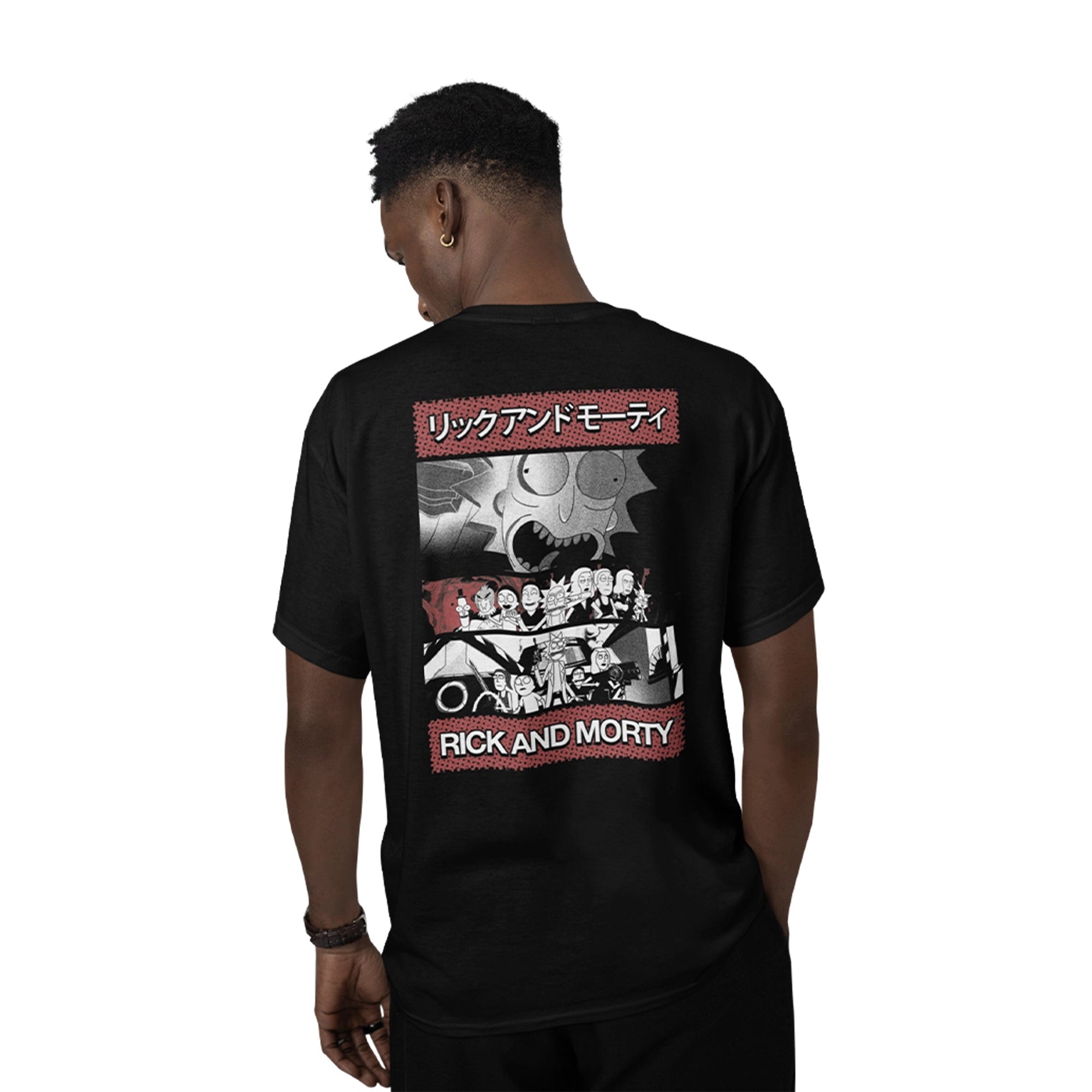 Dos du T-shirt Rick et Morty - RICK AND MORTY JAPAN avec illustrations stylisées des personnages en noir, blanc et rouge. Design inspiré de l'univers multivers de la série.