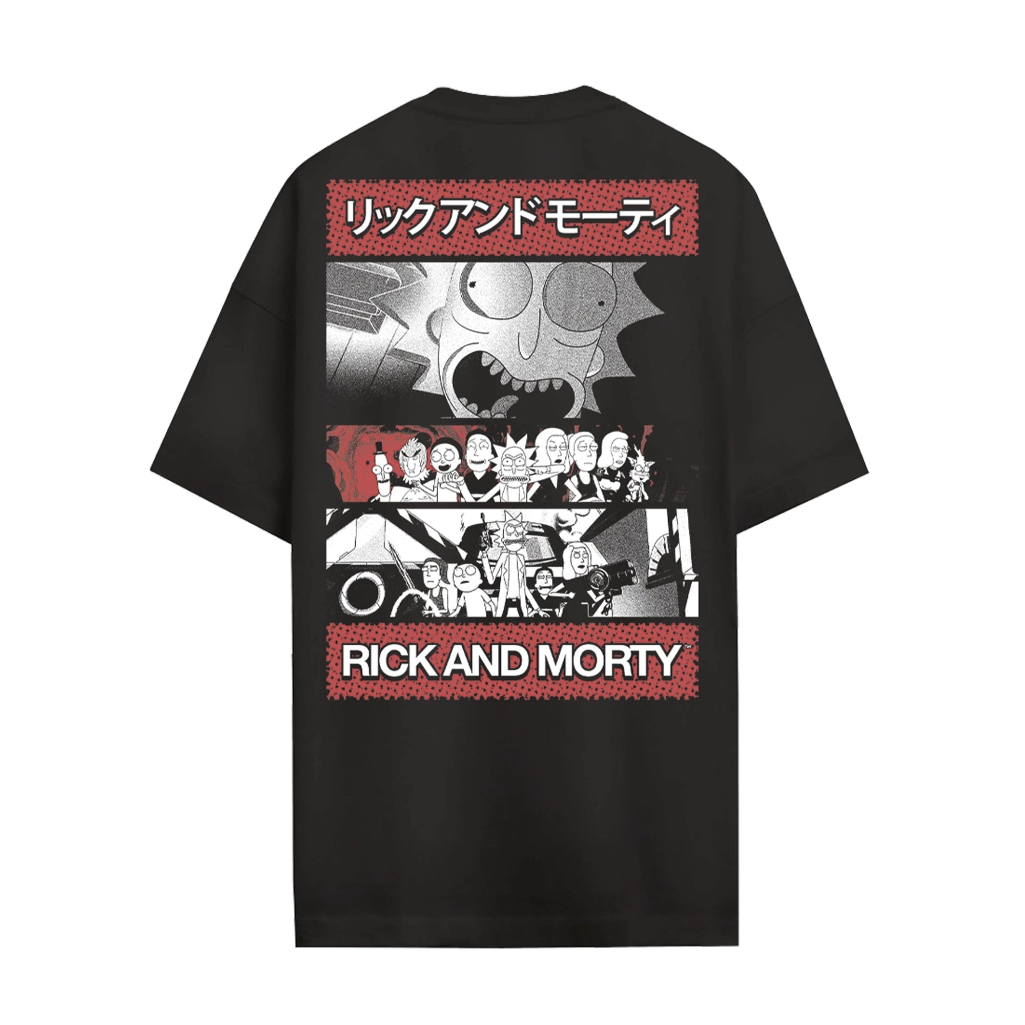 Vue arrière du T-shirt Rick et Morty - RICK AND MORTY JAPAN avec illustrations graphiques des personnages et texte bilingue. Parfait pour les amateurs de séries TV.