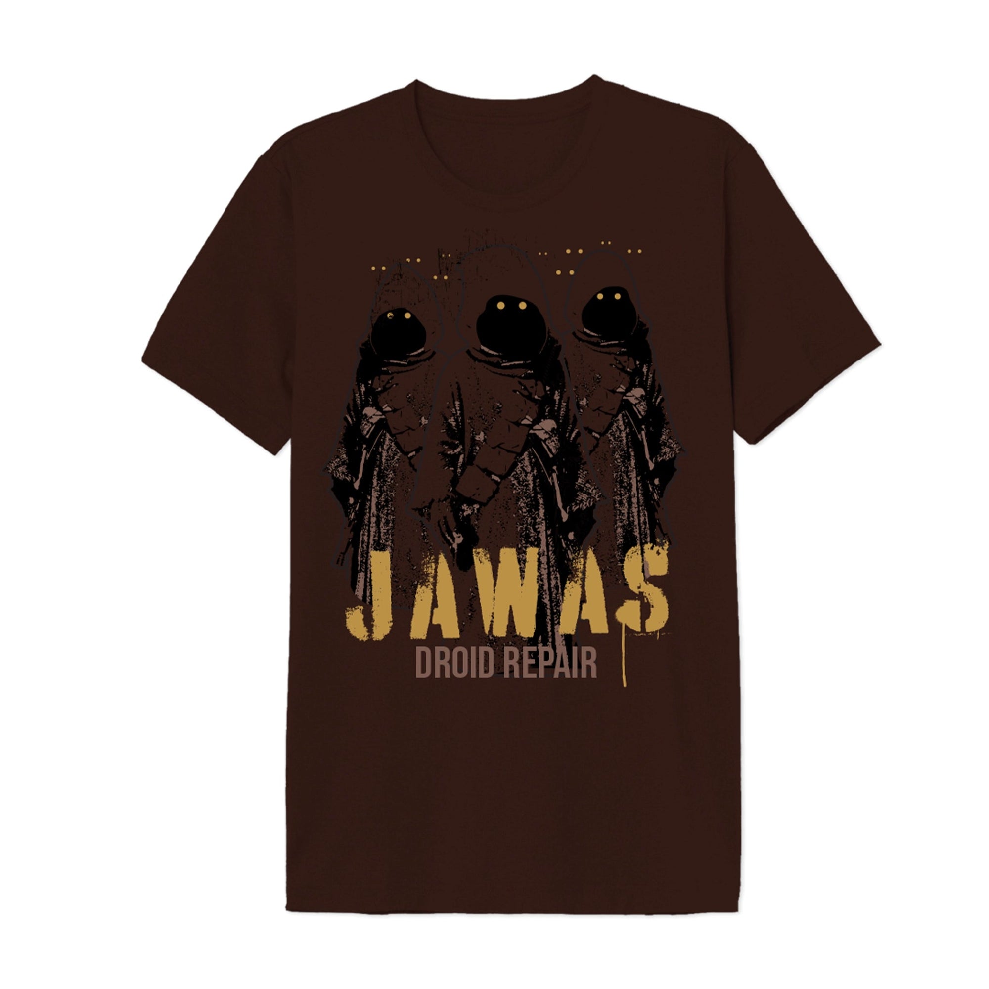 T-shirt STAR WARS - JAWAS DROID REPAIR avec trois Jawas noirs et texte vintage, design inspiré de l’univers Star Wars, parfait pour collectionneurs.