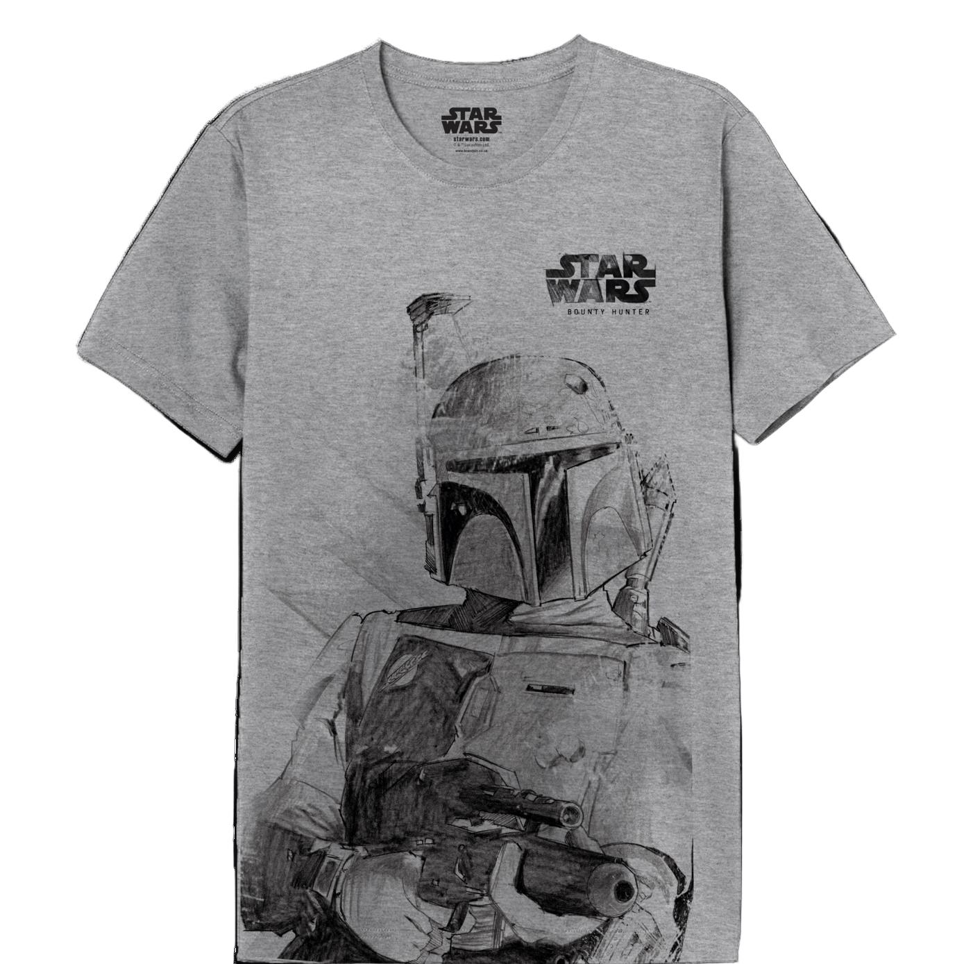 T-shirt Star Wars Officiel – Boba Fett Bounty Hunter Gris avec illustration crayonnée du chasseur de primes sur fond gris chiné. Coton doux et coupe classique.