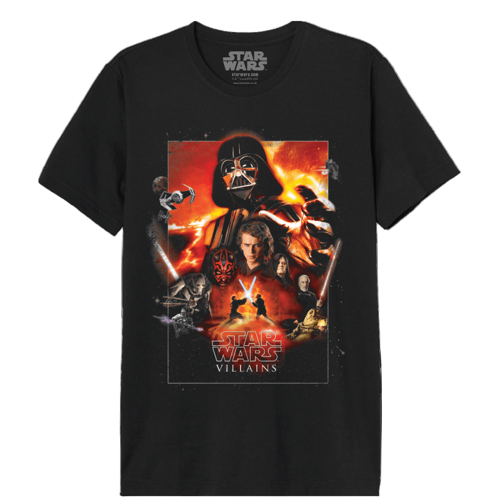 T-shirt Star Wars Villains Officiel – Dark Side en coton noir avec impression couleur de Dark Vador, Maul, Palpatine et Grievous. Idéal pour fans de la saga.