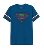 T-shirt Superman bleu avec logo vintage DC Comics sur la poitrine, manches à bandes rouges et blanches, modèle officiel Legend Stuff.