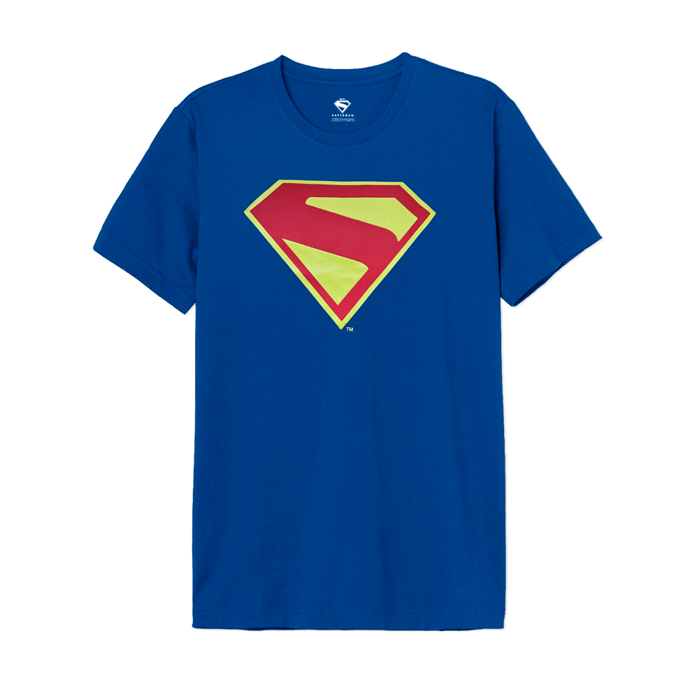 T-shirt Superman Officiel – Rubber Logo 2025 bleu avec logo en relief rouge et jaune sur la poitrine, design iconique DC Comics pour fans.
