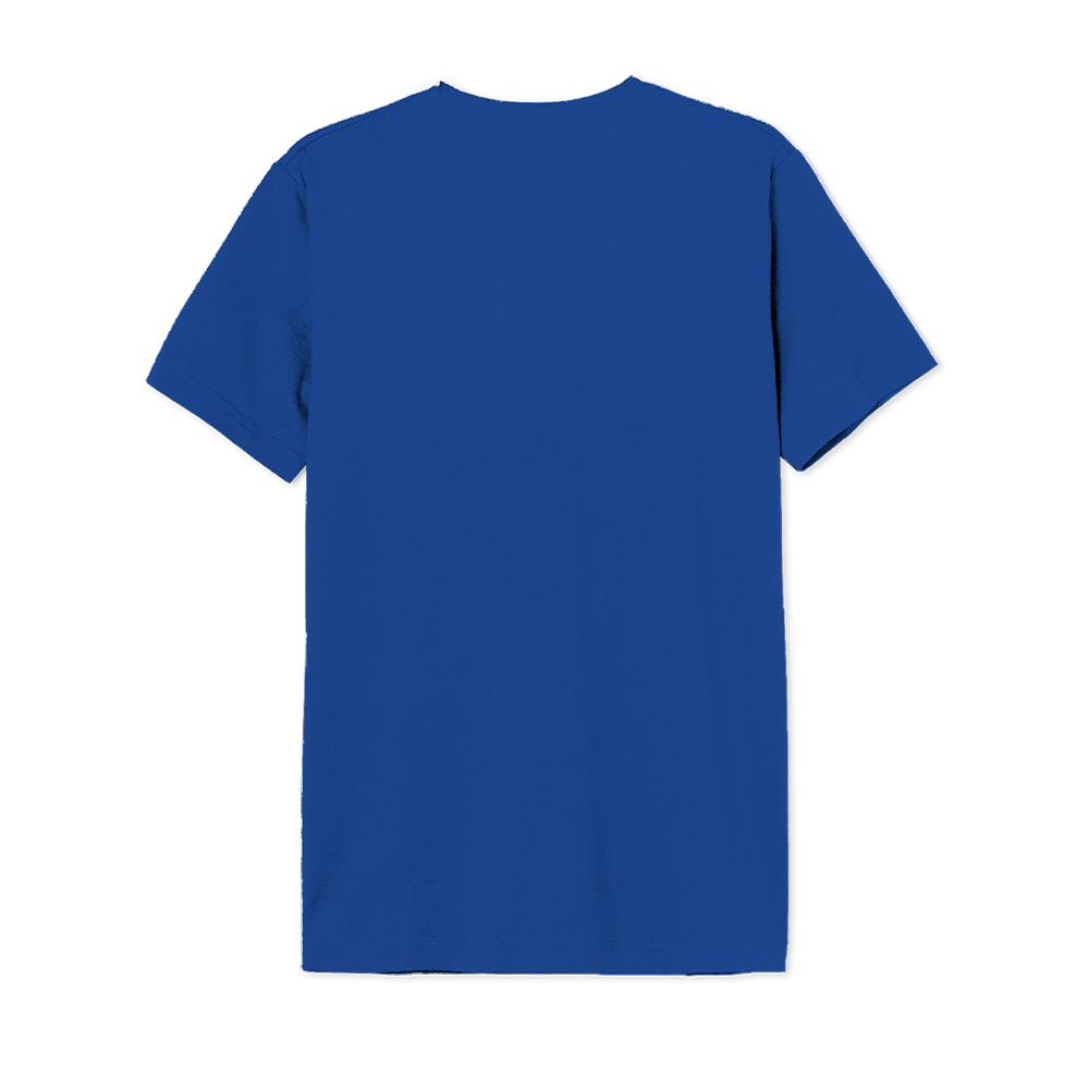 Dos du T-shirt Superman Officiel – Rubber Logo 2025 en coton bleu uni, coupe classique confortable pour vêtements sous licence DC Comics.