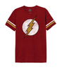 T-shirt The Flash rouge avec logo éclair vintage doré sur fond blanc, manches à bandes contrastées, style rétro DC Comics officiel.