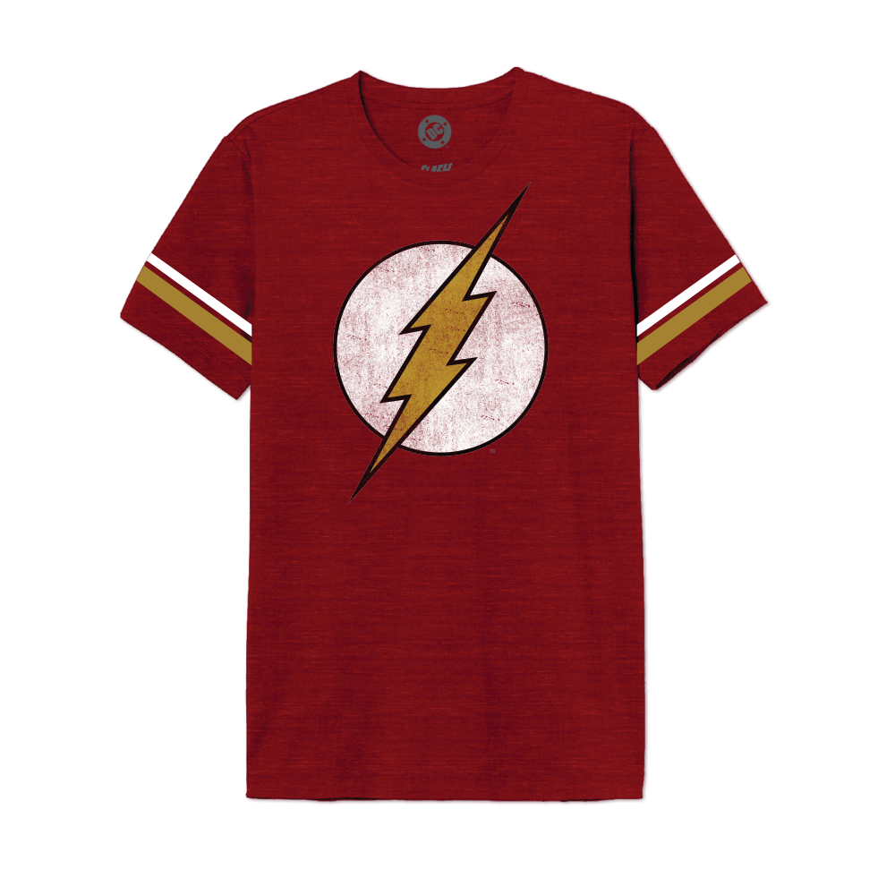 T-shirt The Flash rouge avec logo éclair vintage doré sur fond blanc, manches à bandes contrastées, style rétro DC Comics officiel.