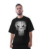 T-shirt The Punisher Marvel - Gunshot Skull oversize noir porté par un homme, avec logo crâne fissuré emblématique en sérigraphie sur le devant.