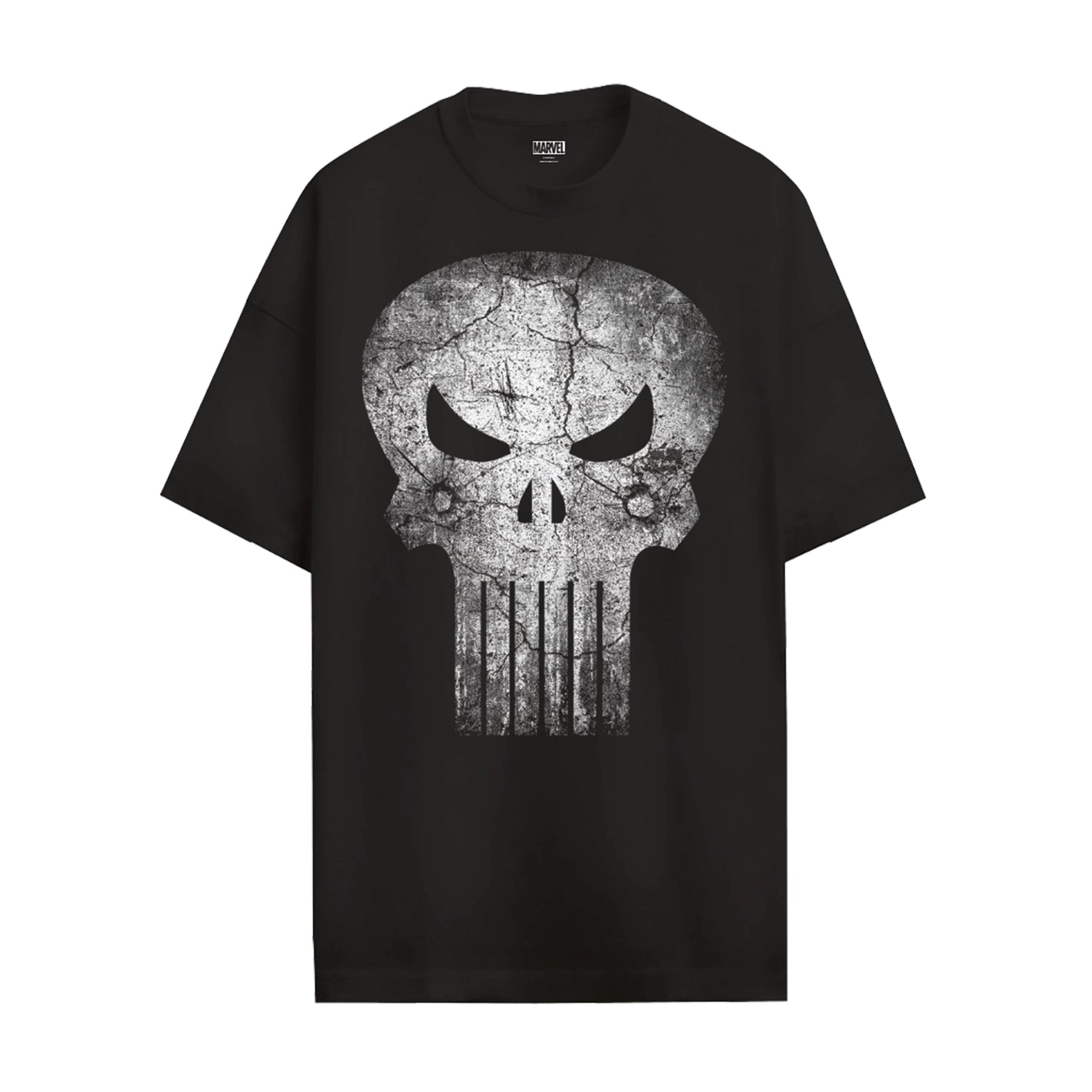 T-shirt The Punisher Marvel - Gunshot Skull noir à manches courtes, avec grand logo crâne fissuré en impression frontale, 100% coton officiel Marvel.