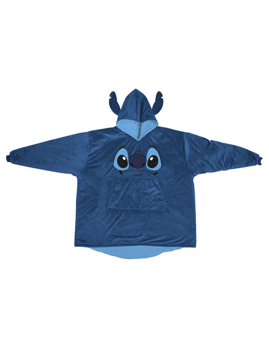 Poncho Disney Lilo & Stitch en polaire bleue, capuche avec oreilles de reindeer, design enfant